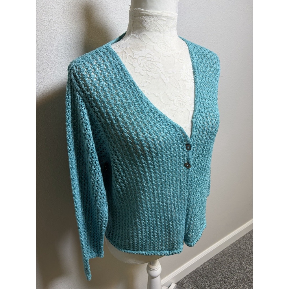 Sigrid Olsen Cardigan Sweater~L~Turquoise Crochet Knit Linen Bld 2 Button Resort - Picture 3 of 15